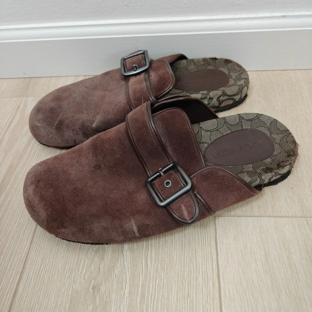 Coach Mens Clogs 12 Brown Suede Buckle Strap Monogram Gorpcore Luxury